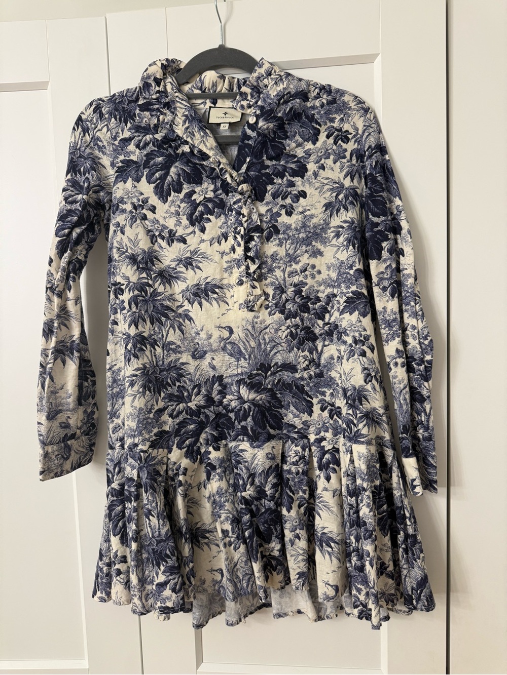 Tuckernuck Blue and White Long-Sleeve Floral Ruffle-Hem Dress